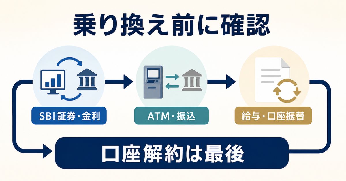 SBI証券・金利、ATM・振込、給与・口座振替を確認し口座解約を最後に判断するチェック図