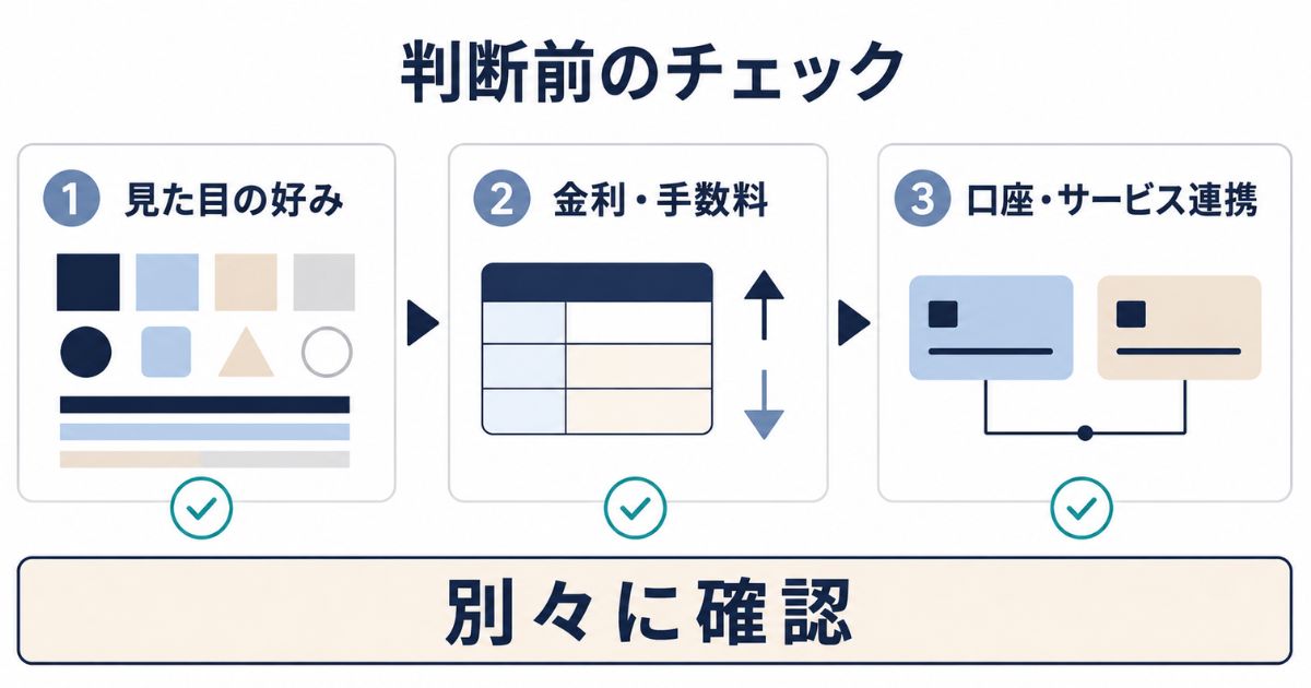 見た目の好みと金利・手数料・口座・サービス連携を別々に確認するためのチェック図