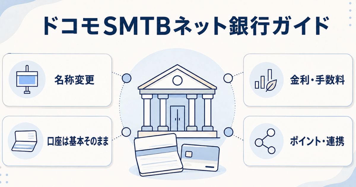 ドコモSMTBネット銀行の名称変更、口座継続、金利・手数料、ポイント連携を示す総合ガイド図