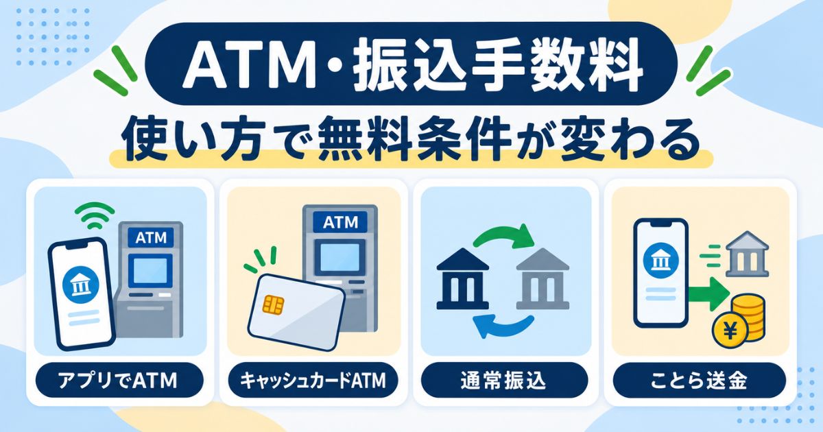 ドコモSMTBネット銀行のATM・振込手数料は利用方法で無料条件が変わることを示す図解