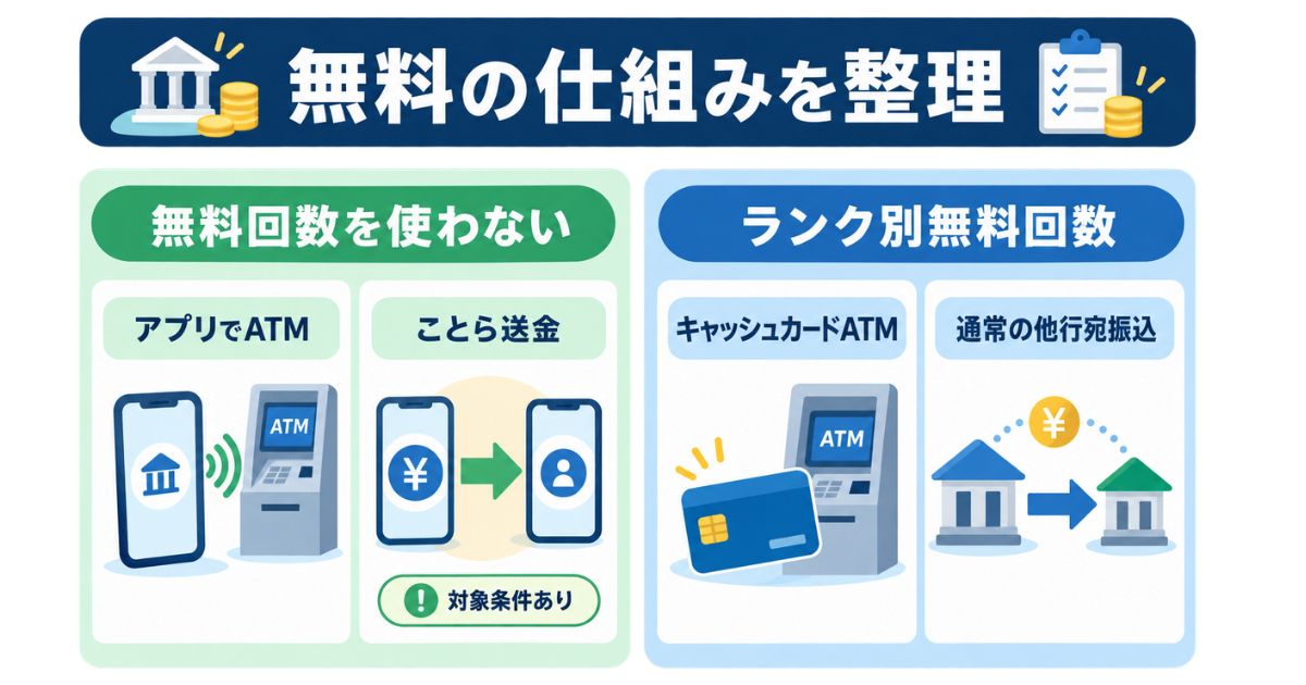 アプリでATM・ことら送金と、ランク別無料回数を使うATM・通常振込の分類図
