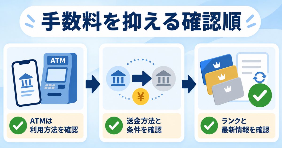 ATMの利用方法、送金条件、スマプロランクと最新情報を確認するチェック図