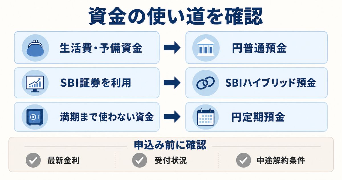 生活費・SBI証券利用・満期まで使わない資金から預金を選び、最新金利や受付状況を確認する判断フロー