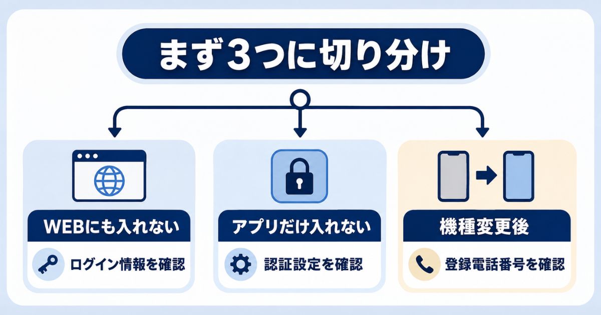 WEBにも入れない・アプリだけ入れない・機種変更後の3分類図