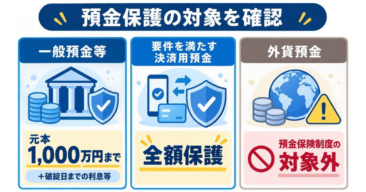 2026年8月23日時点の預金保護を示す図。一般預金等は元本1,000万円までと破綻日までの利息等を保護