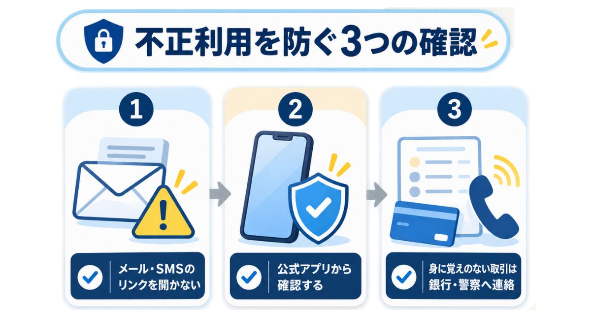 メール・SMSのリンクを避け、公式アプリで確認し、不審な取引を銀行・警察へ連絡する3段階の図