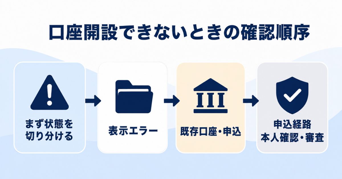 表示エラー・既存口座や申込・申込経路・本人確認や審査の順に状態を切り分ける判断フロー