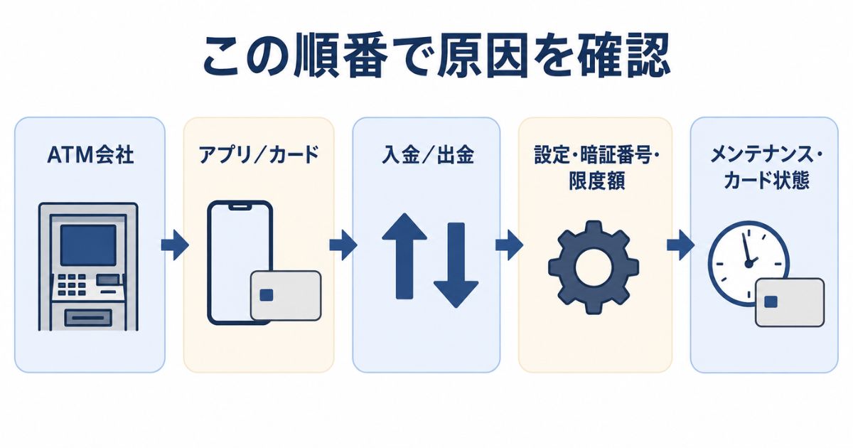 ATM会社から利用方法・入出金・設定・メンテナンスまで原因を順番に確認するフロー図