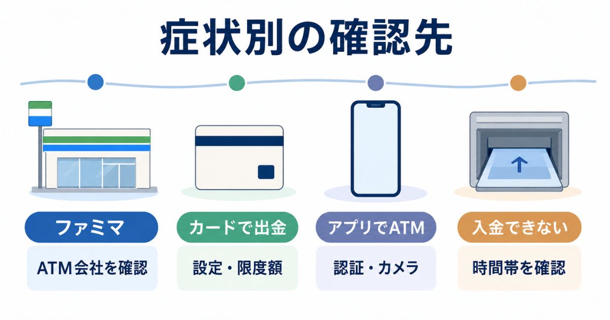 ファミマ・カード出金・アプリでATM・入金の症状別に最初の確認先を示す早見図