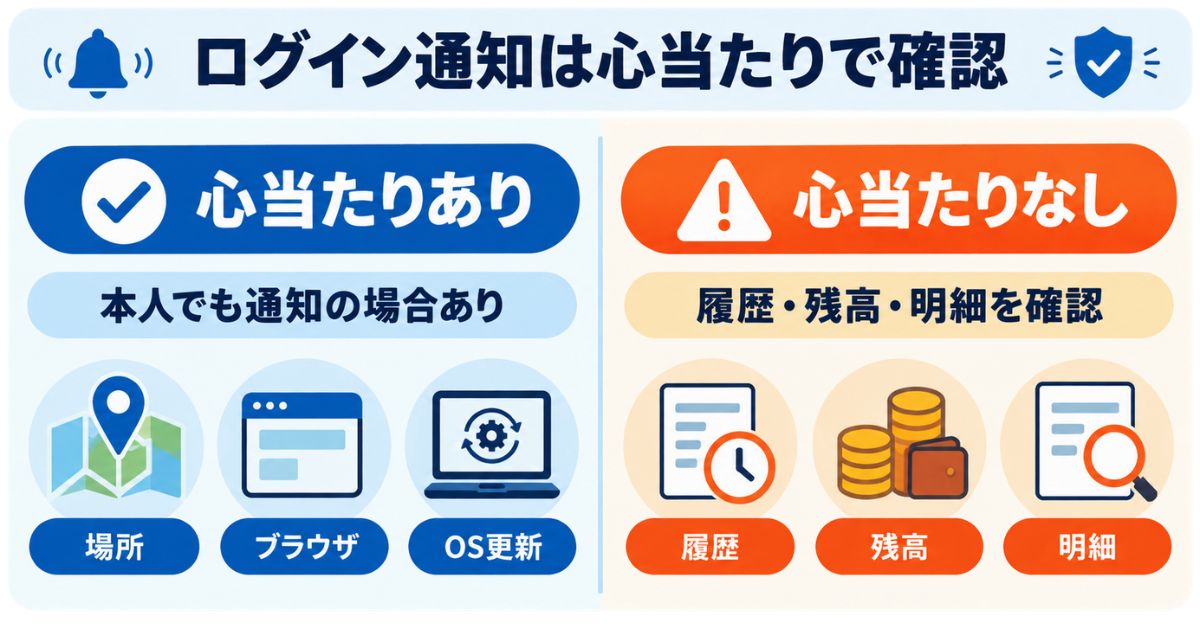 「普段と異なる環境からログイン」の通知を心当たりの有無で比較した図解