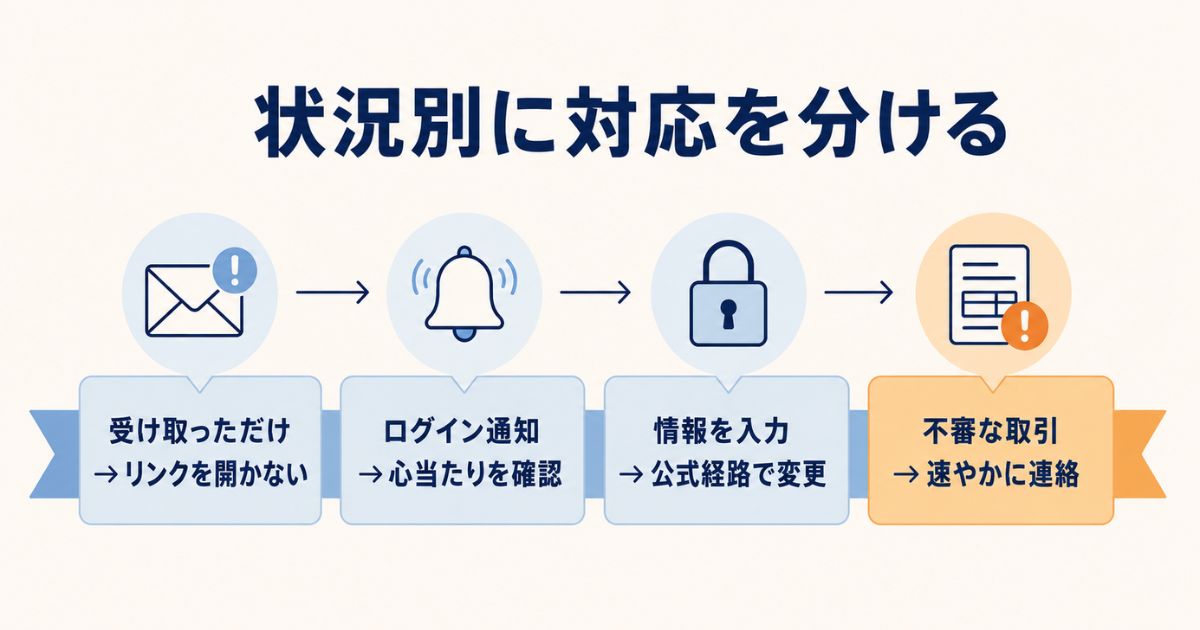 不審メール受信から不審取引まで状況別の対応を整理した早見図